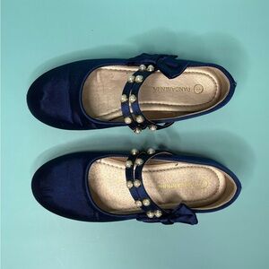 Pandaninjia Navy Kids Dress Shoes with Pearl Strap and Bow Accents